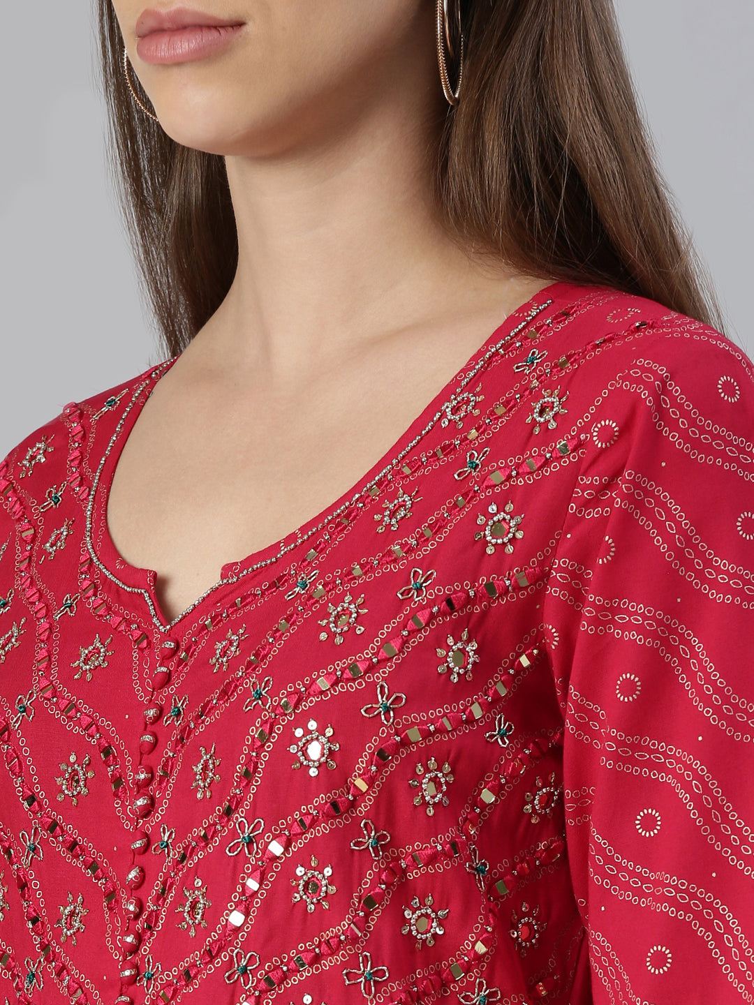 Neerus Pink viscose rayon printed anarkali kurti - detail view 1