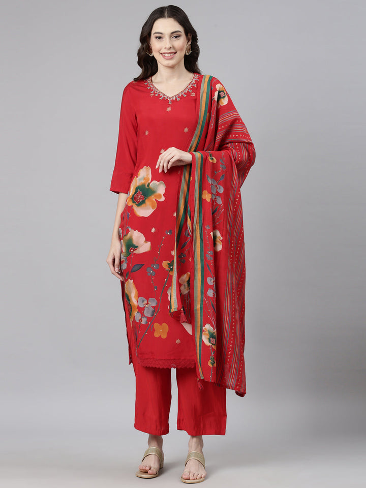 Neerus Red Casual Floral Straight Kurta and Trousers With Dupatta