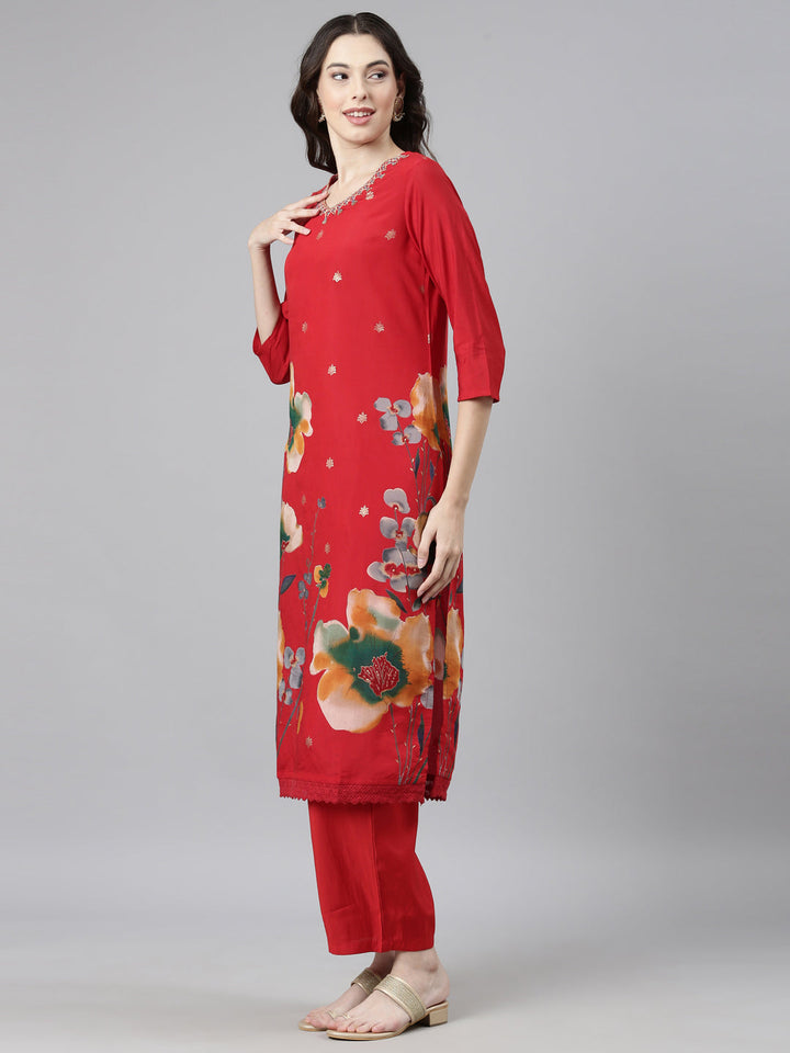 Neerus Red Casual Floral Straight Kurta and Trousers With Dupatta