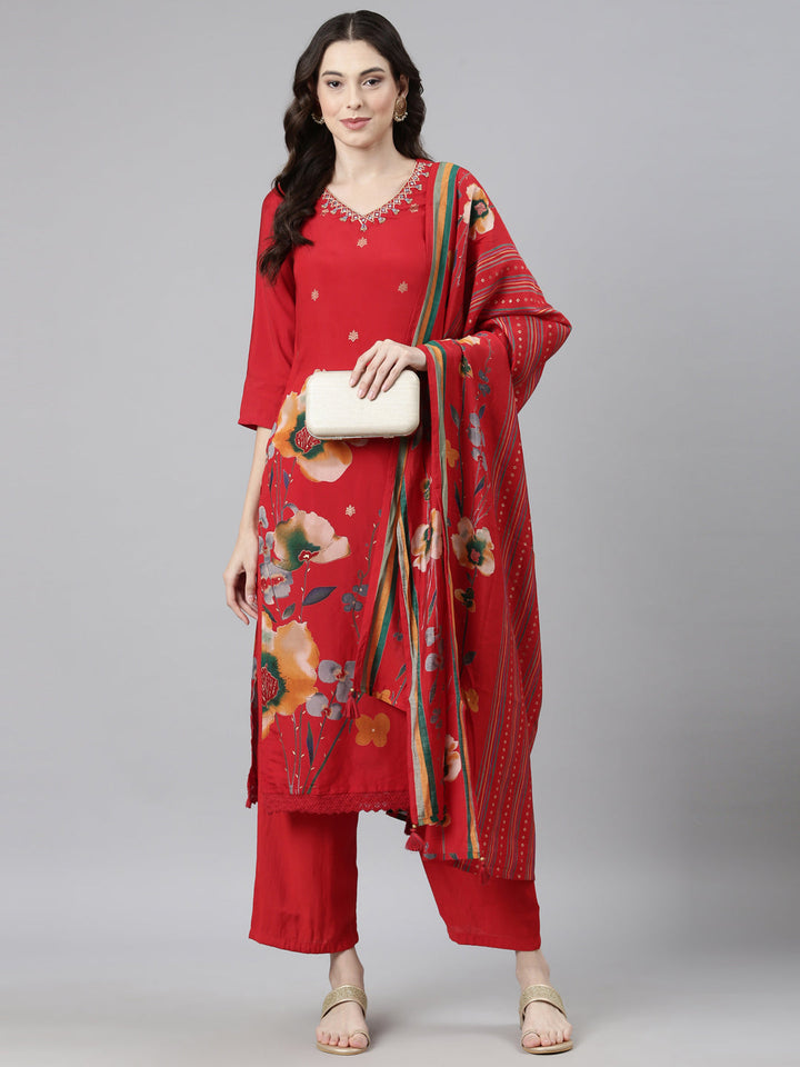 Neerus Red Casual Floral Straight Kurta and Trousers With Dupatta