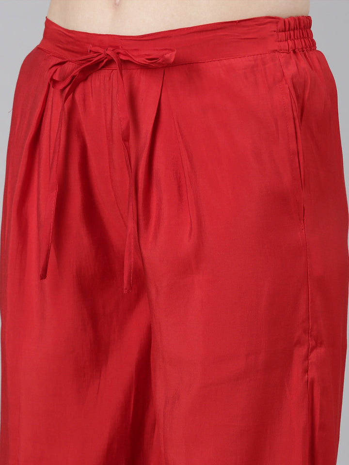 Neerus Red Casual Floral Straight Kurta and Trousers With Dupatta