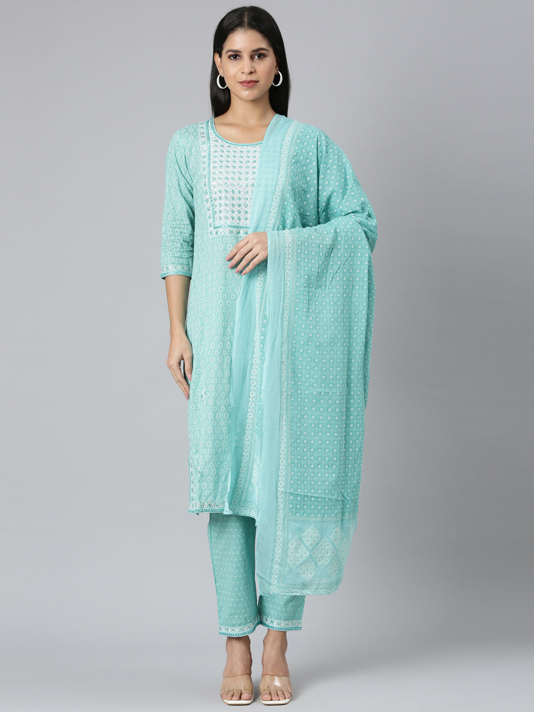 Neerus Blue printed straight suit set - front view