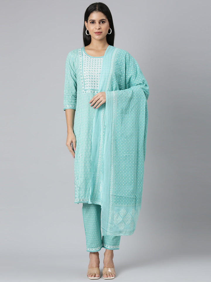 Neerus Blue printed straight suit set - front view