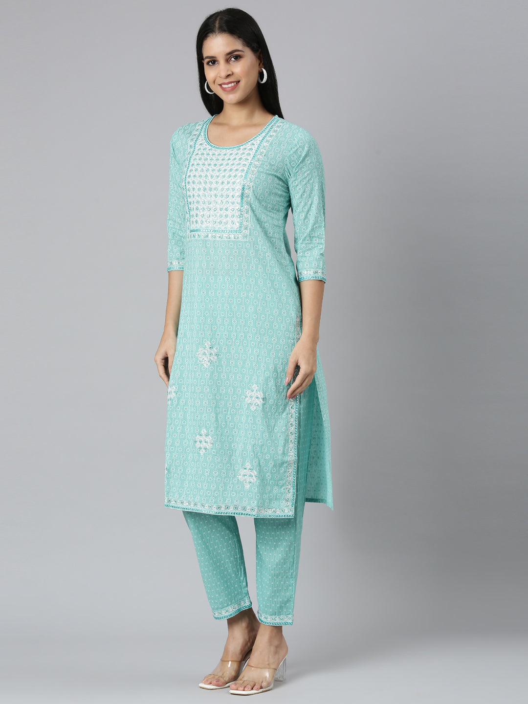 Neerus Blue printed straight suit set - back view