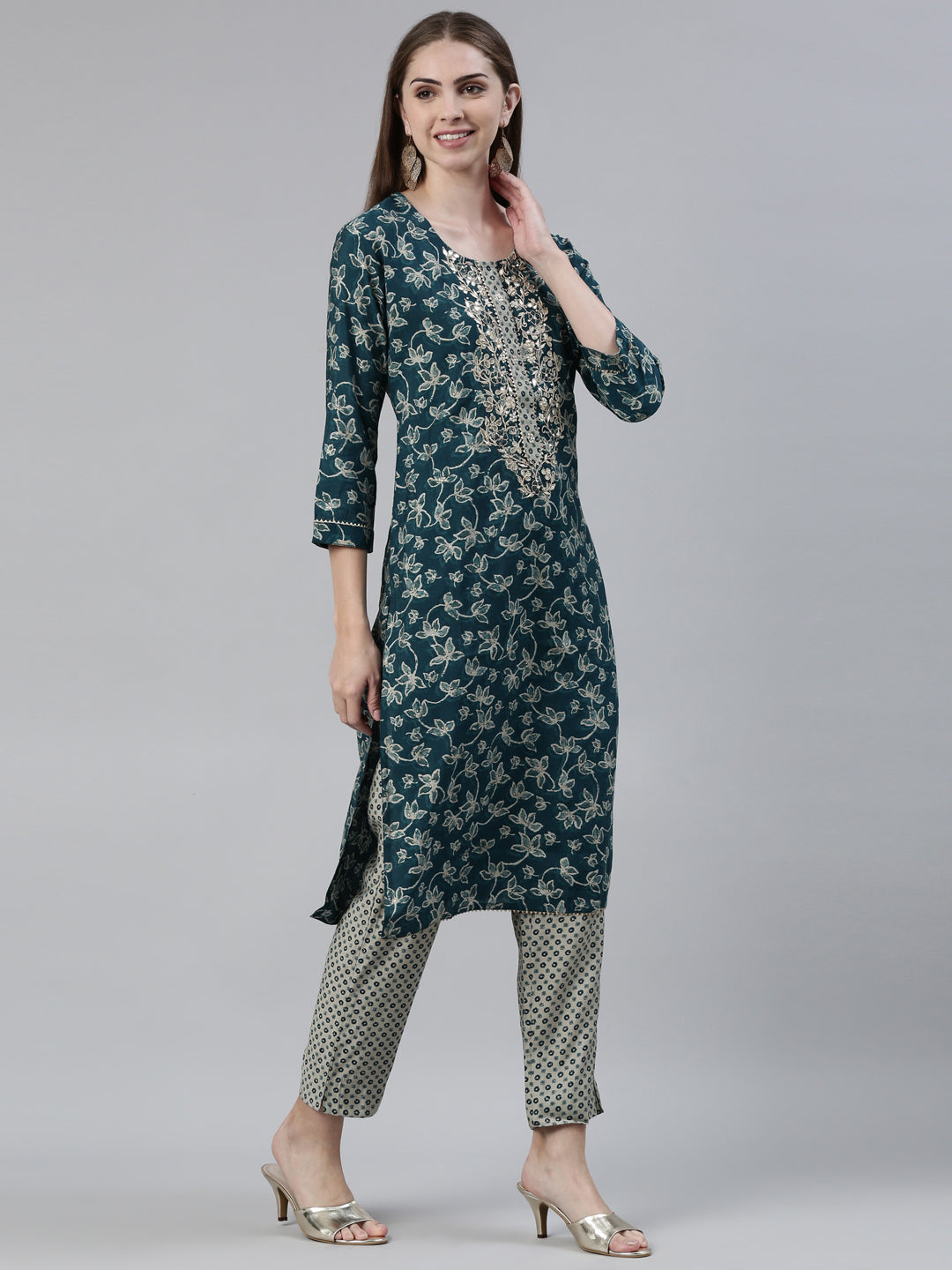 Neerus Green printed kurta set with trouser and dupatta - back view