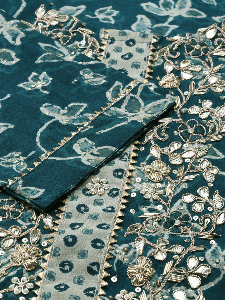 Neerus Green printed kurta set with trouser and dupatta - detail view 2