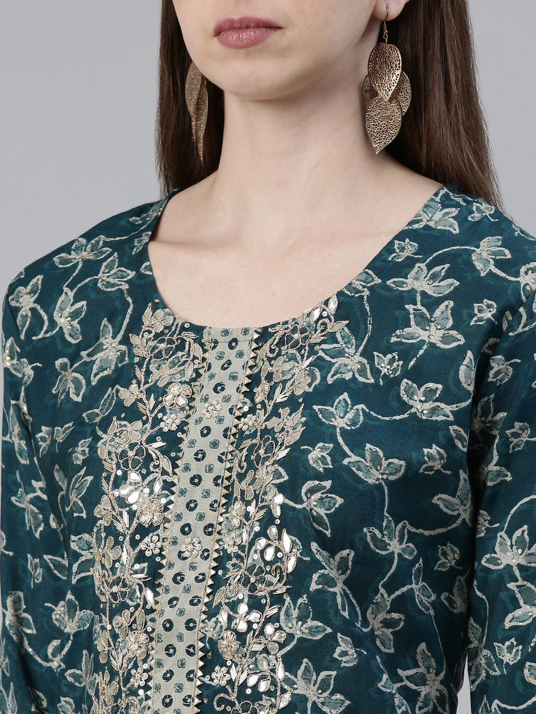 Neerus Green printed kurta set with trouser and dupatta - detail view 1