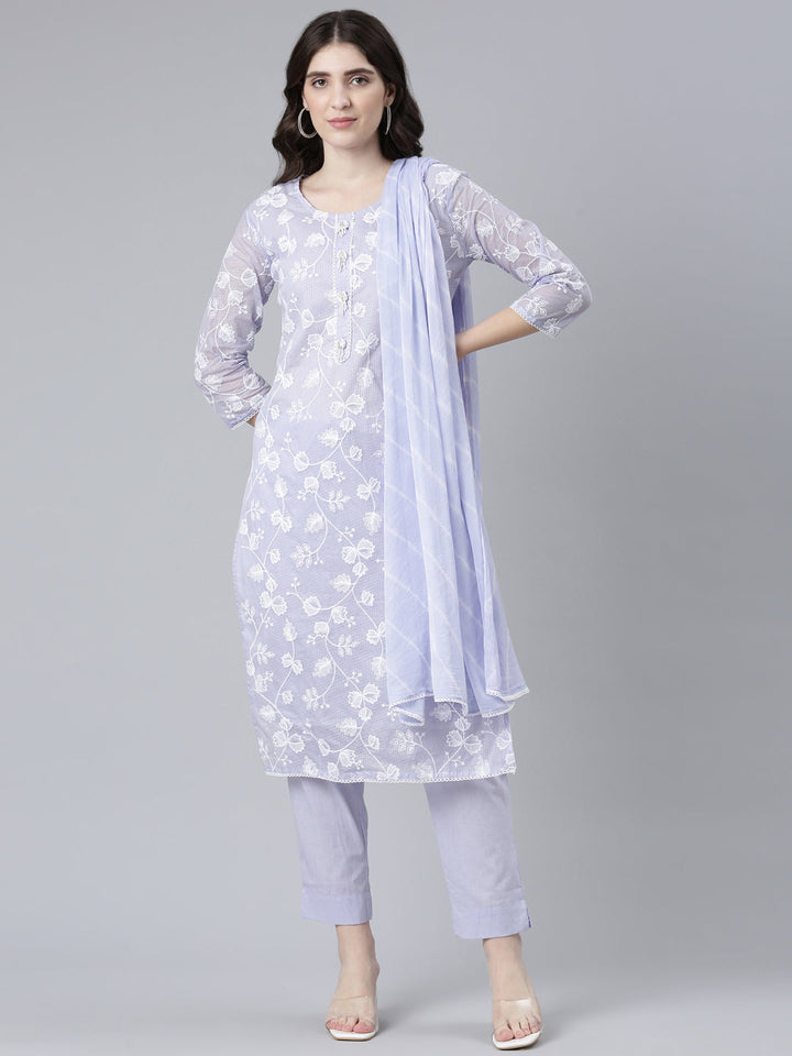 Neerus Purple embroidered straight kurta set - front view
