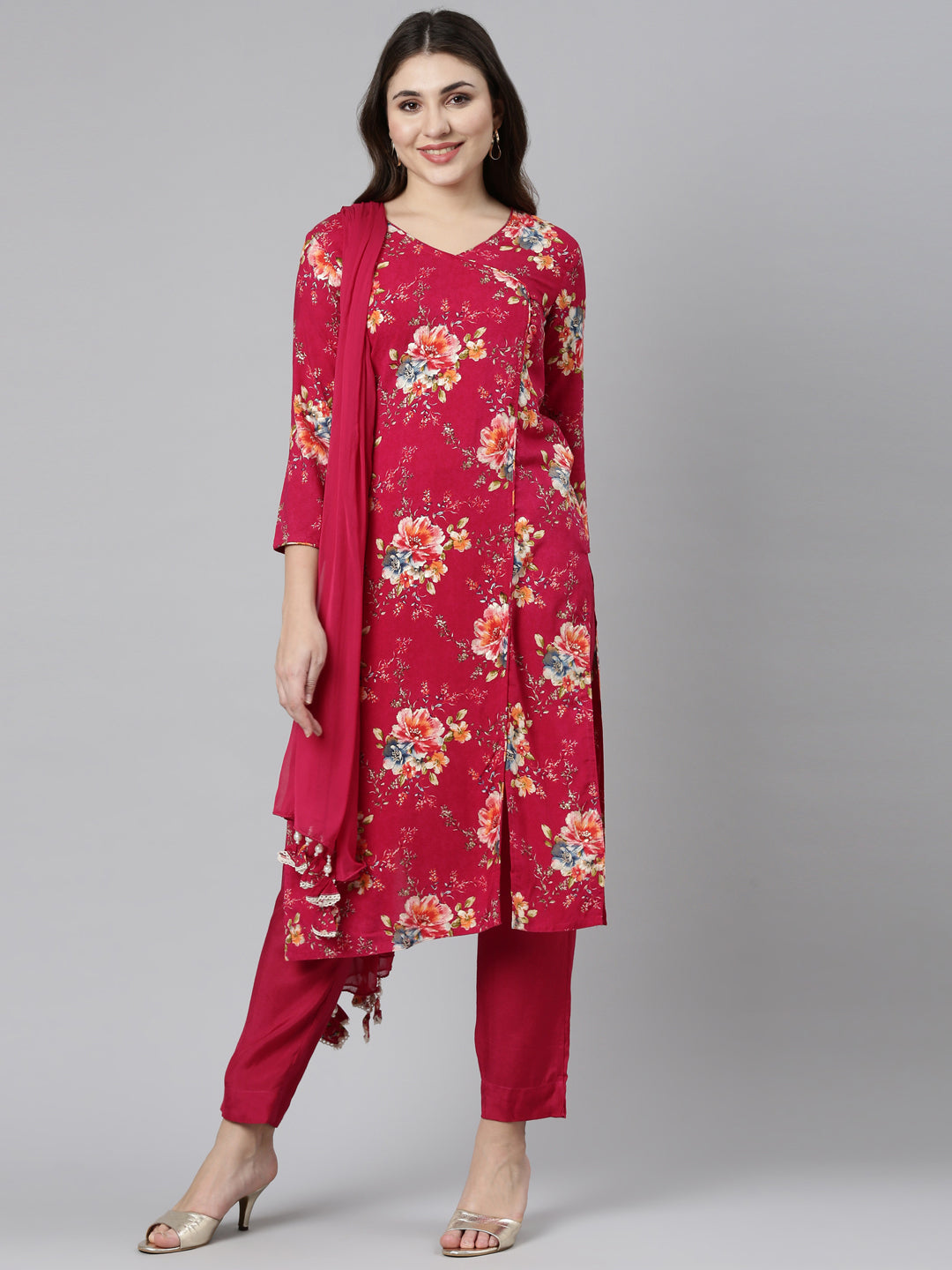 Neerus Pink printed straight kurta set with dupatta - front view