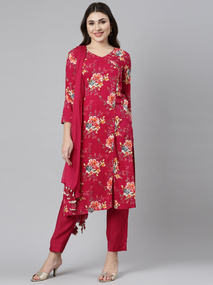Neerus Pink printed straight kurta set with dupatta - front view