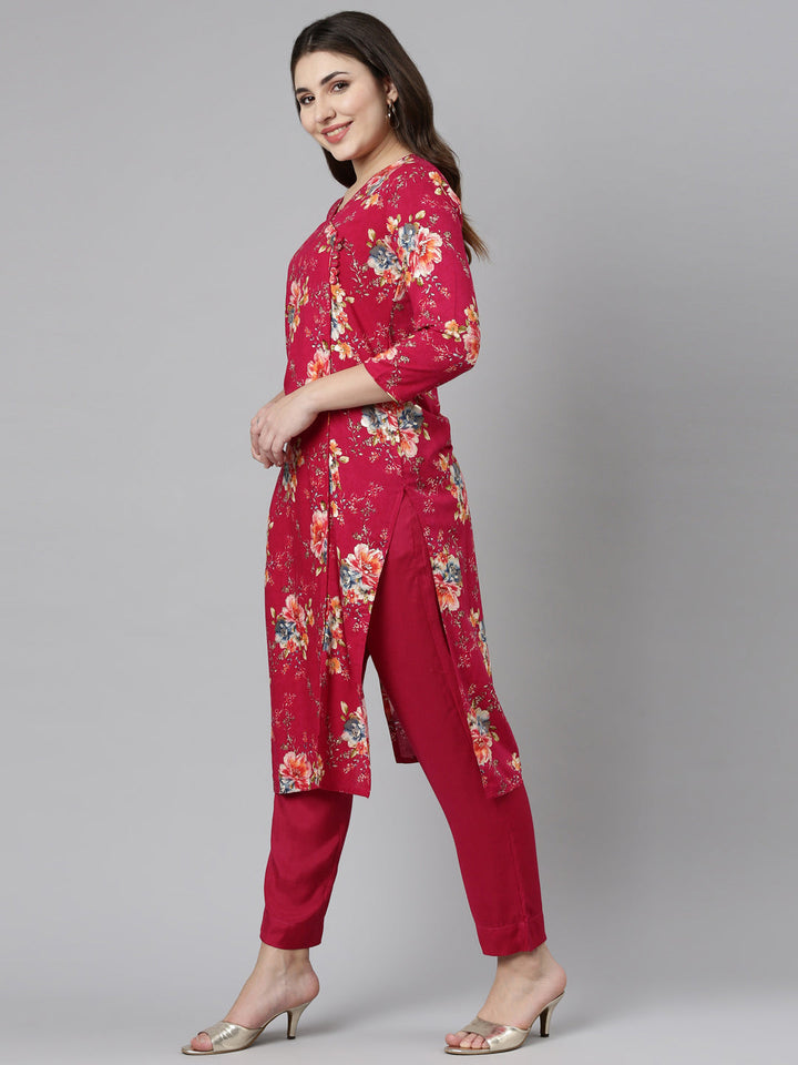 Neerus Pink printed straight kurta set with dupatta - back view