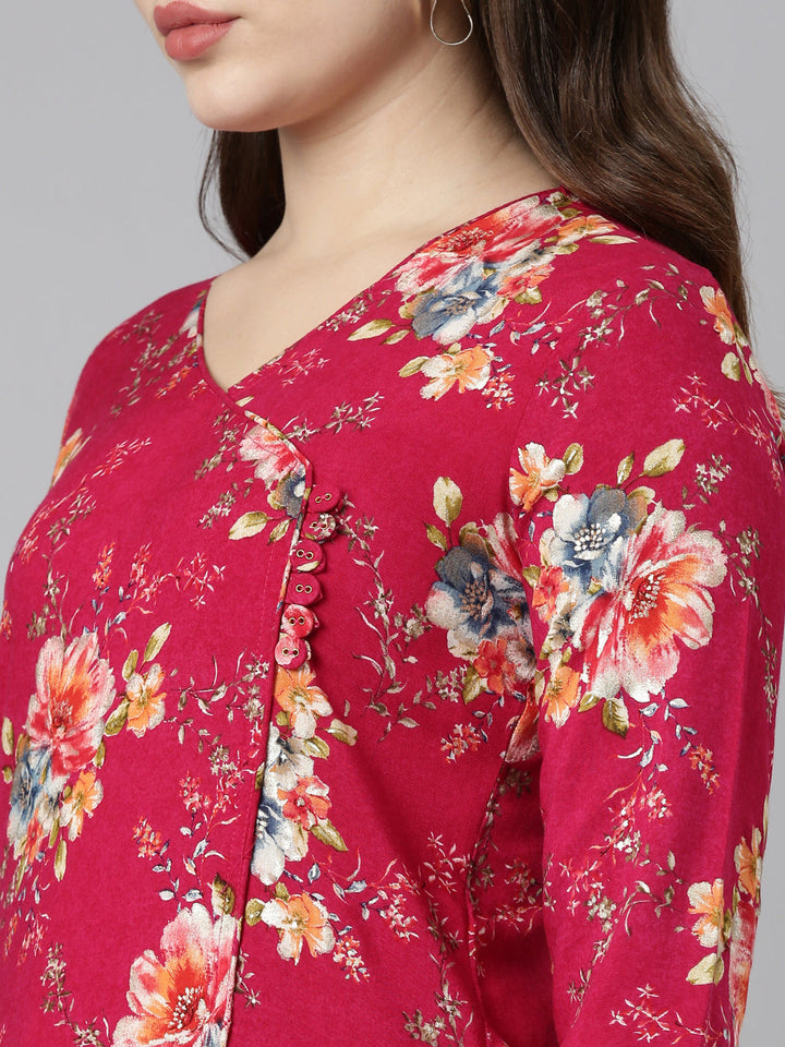 Neerus Pink printed straight kurta set with dupatta - detail view 1