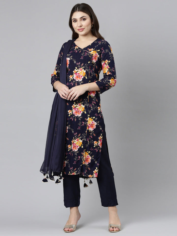 Neerus Blue printed straight kurta set with trouser and dupatta - front view
