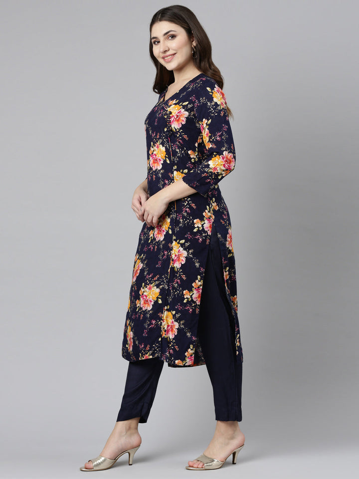 Neerus Blue printed straight kurta set with trouser and dupatta - back view