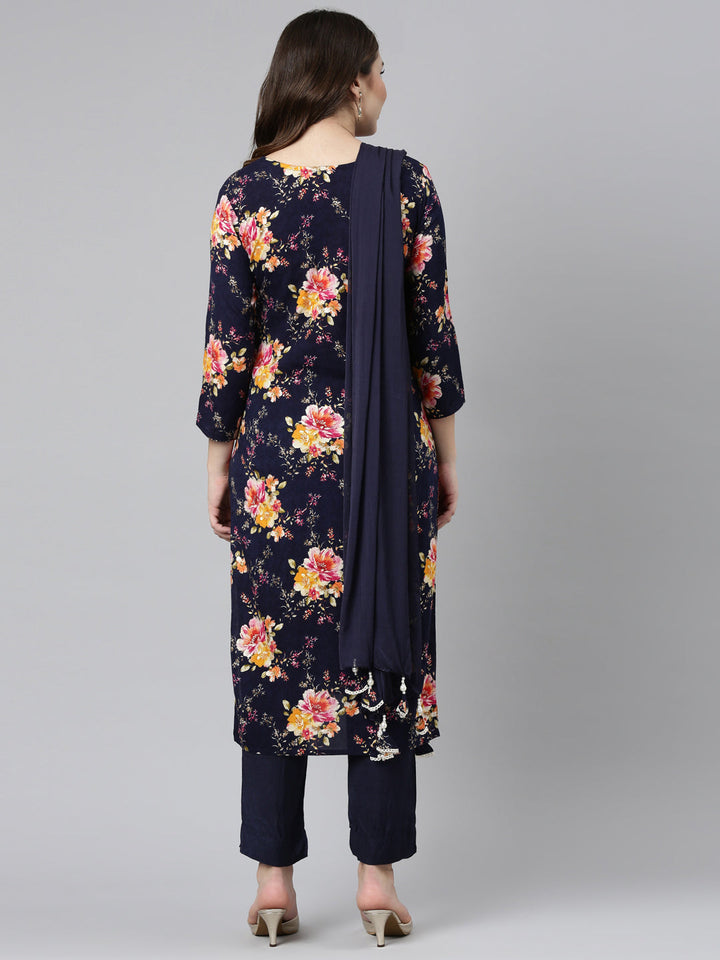 Neerus Blue printed straight kurta set with trouser and dupatta - side view