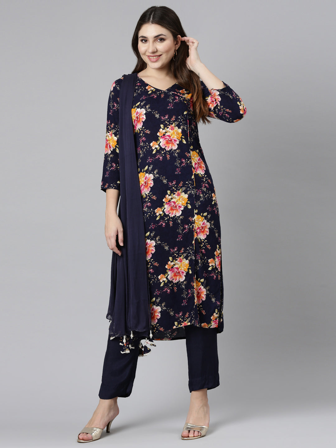 Neerus Blue printed straight kurta set with trouser and dupatta - detail view 2