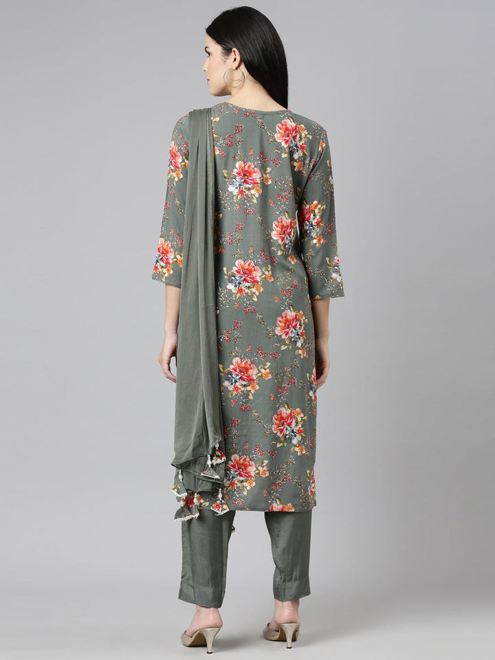 Neerus Green printed straight kurta set with dupatta - side view