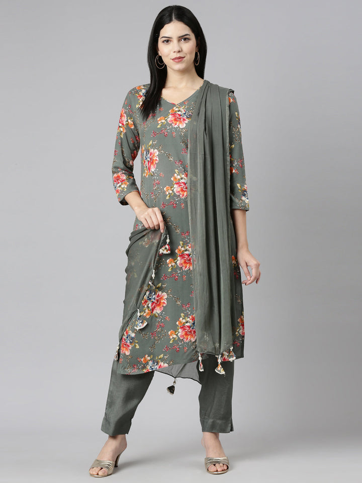 Neerus Green printed straight kurta set with dupatta - detail view 2