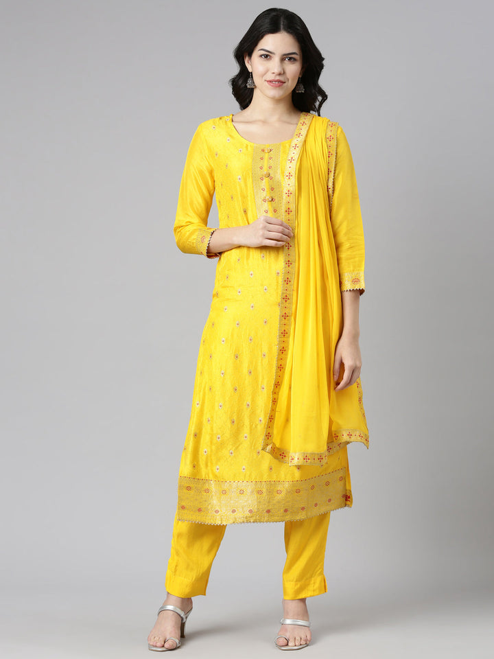 Neerus Yellow printed straight kurta set with dupatta - front view