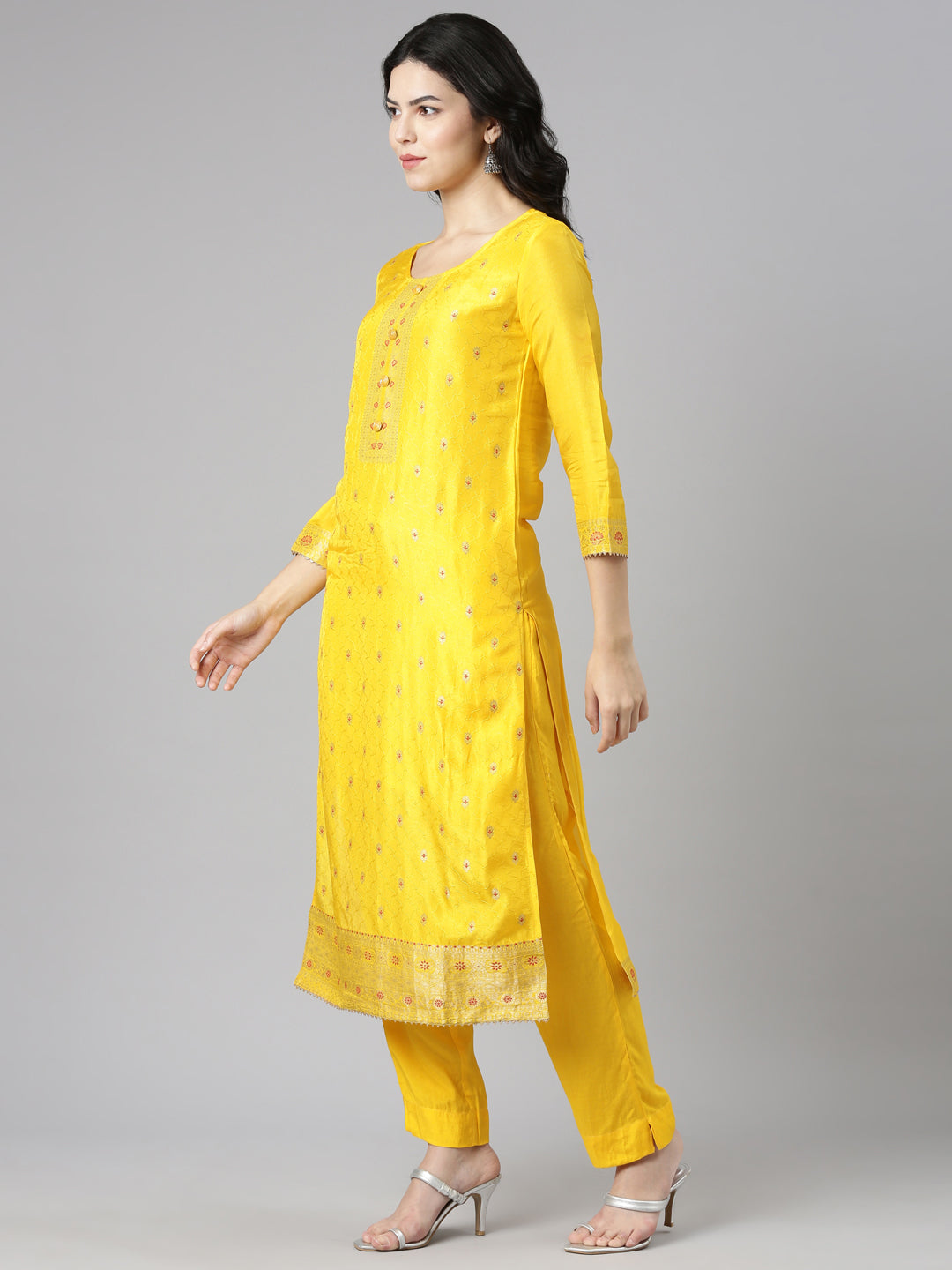 Neerus Yellow printed straight kurta set with dupatta - back view