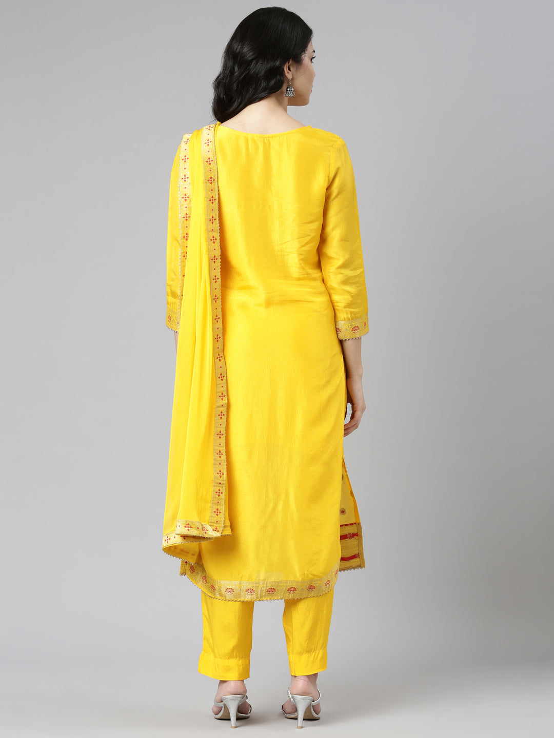 Neerus Yellow printed straight kurta set with dupatta - side view