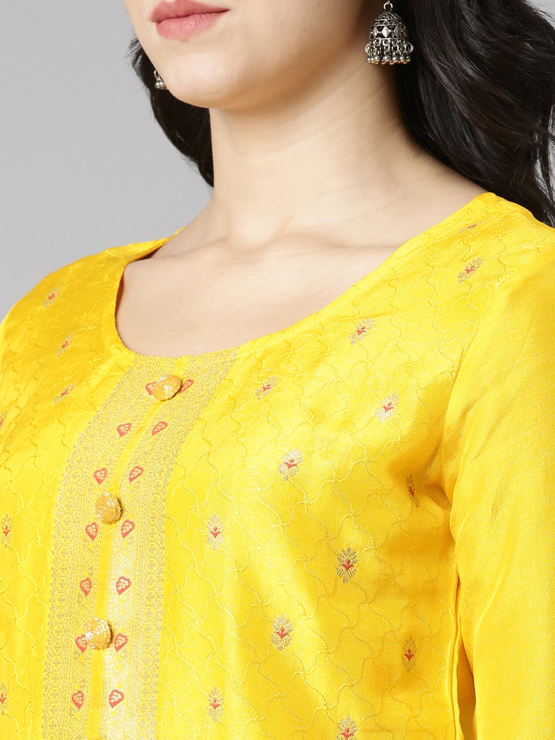 Neerus Yellow printed straight kurta set with dupatta - detail view 1