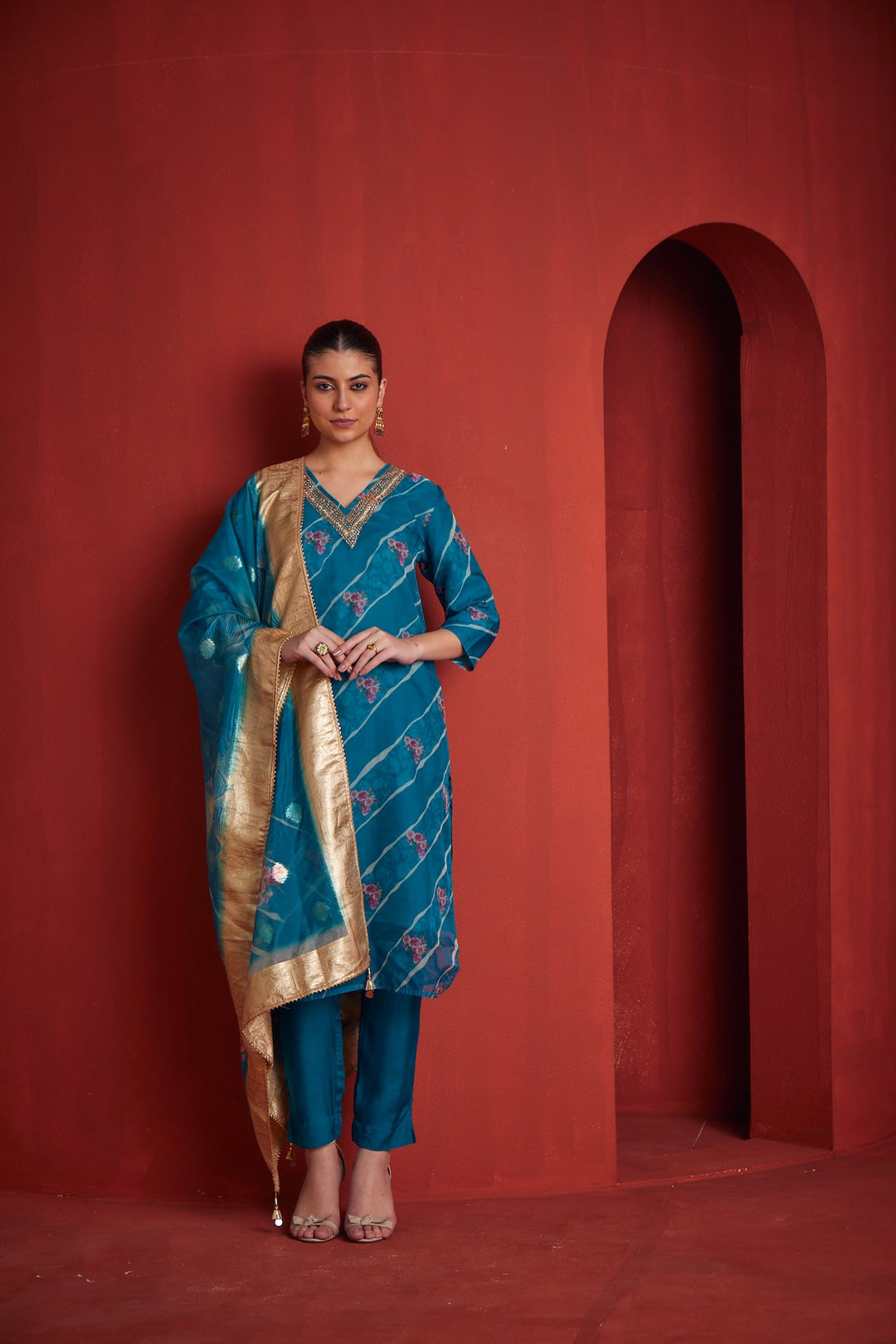 Neerus Green Chanderi straight kurta set - front view