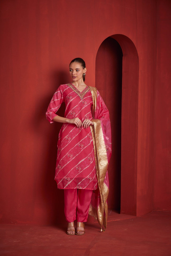 Neerus Red Chanderi printed kurta set - detail view 1
