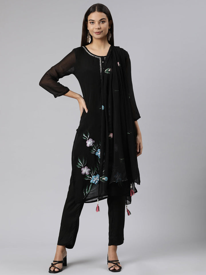 Neerus Black printed floral straight suit set - front view