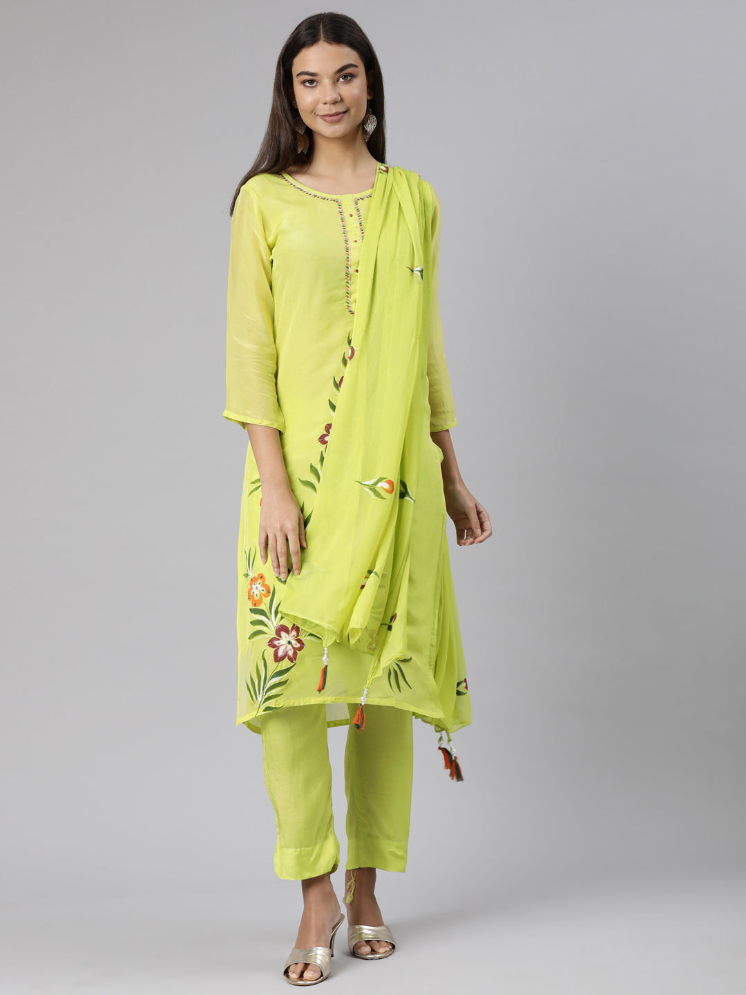 Neerus Green organza printed suit set - front view