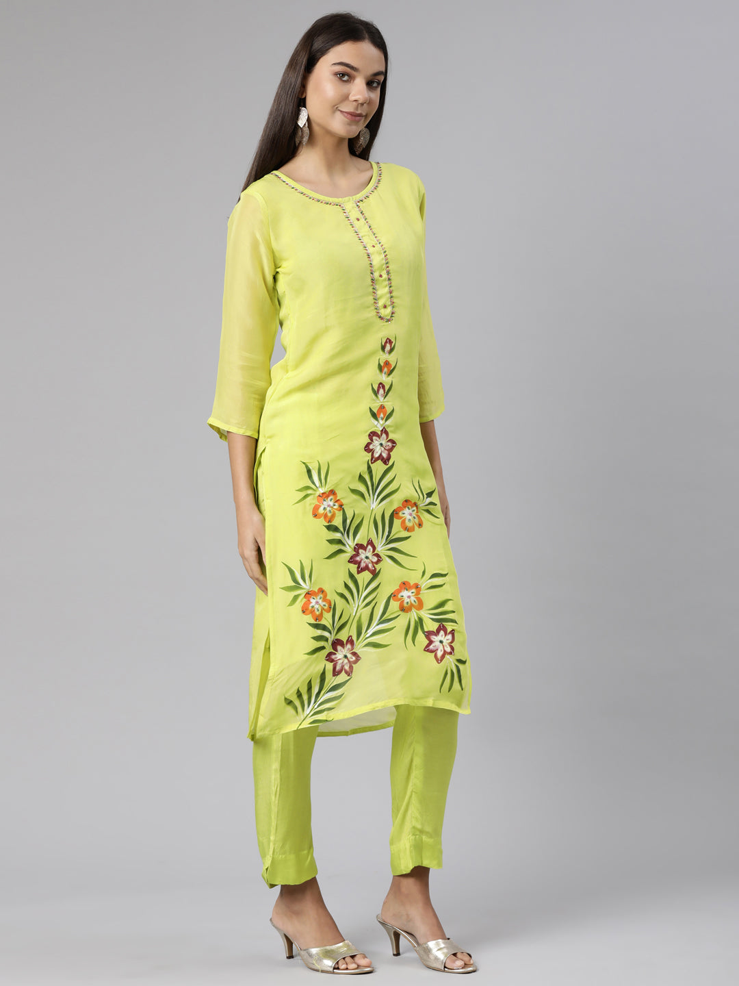 Neerus Green organza printed suit set - back view
