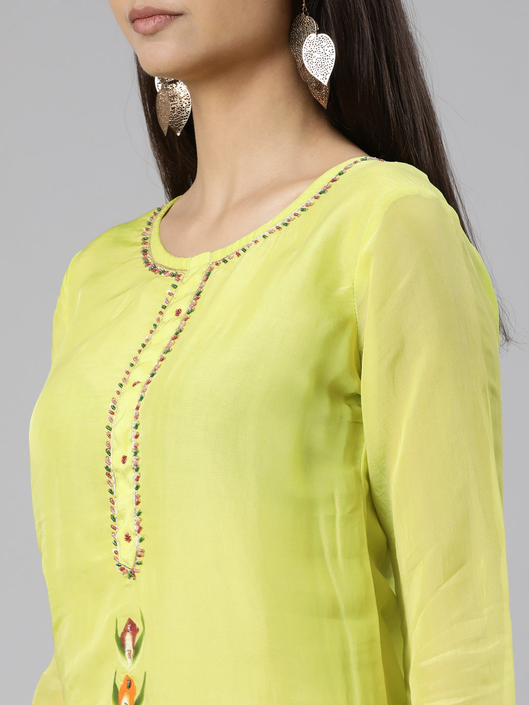 Neerus Green organza printed suit set - detail view 1