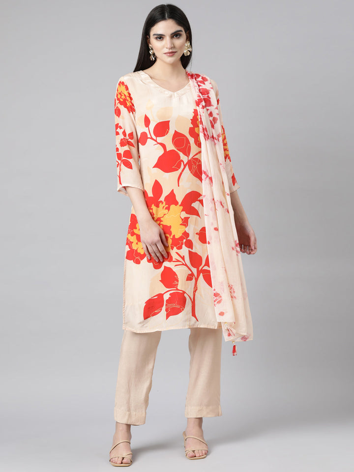 Neerus Beige muslin printed suit set - front view