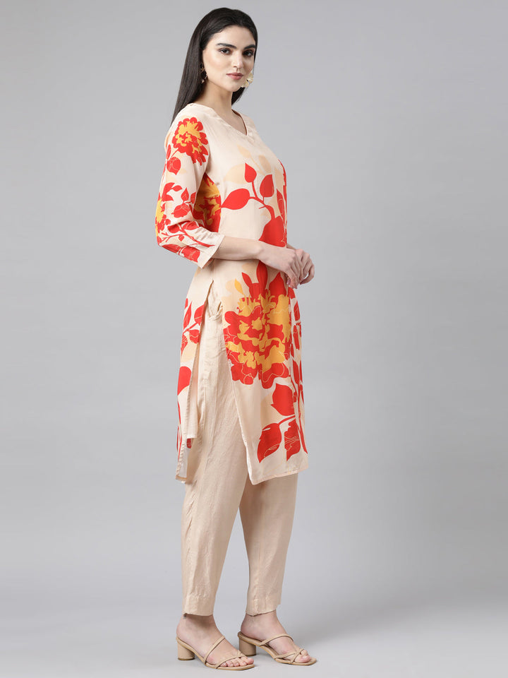 Neerus Beige muslin printed suit set - back view