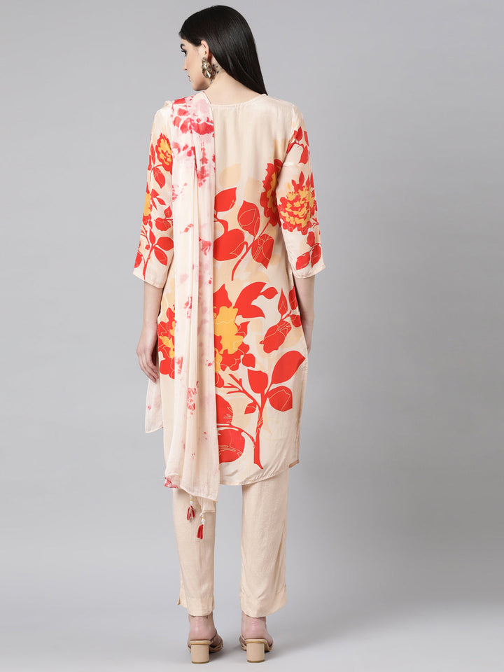 Neerus Beige muslin printed suit set - side view