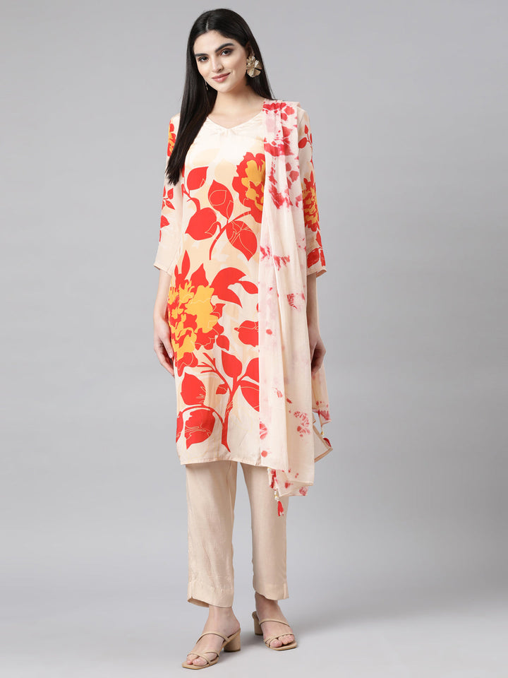 Neerus Beige muslin printed suit set - detail view 2