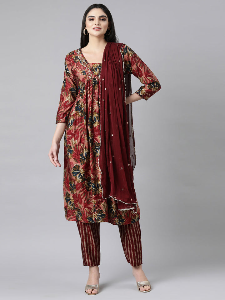 Neerus Pink floral printed straight suit set - front view