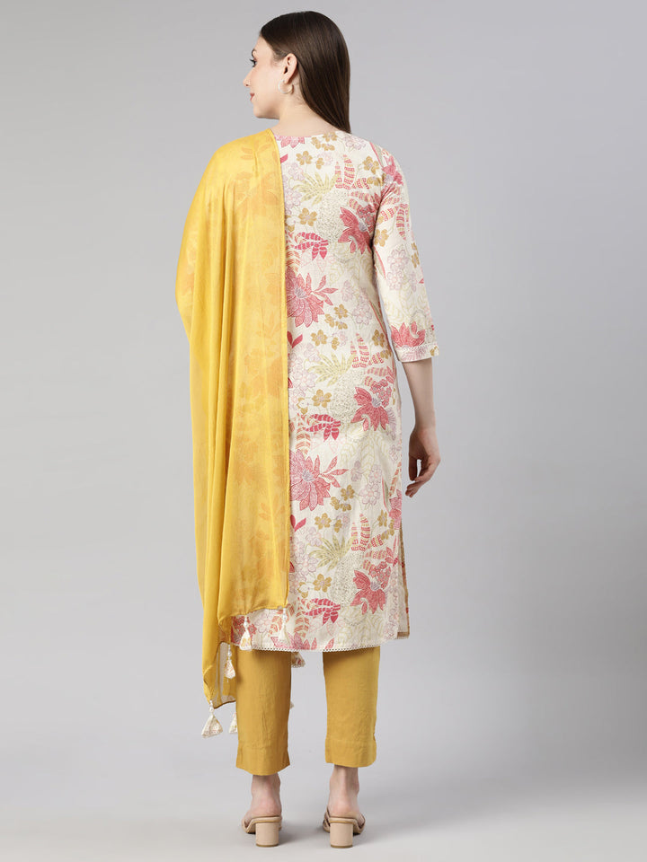 Neerus Cream Regular Straight Floral Kurta And  Trousers With Dupatta