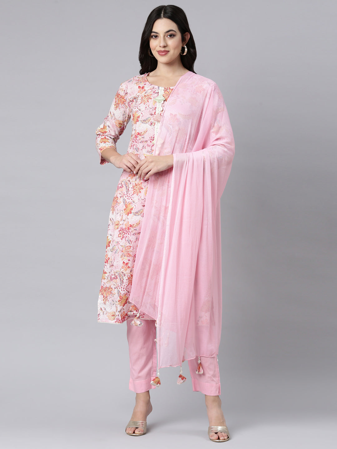 Neerus Pink printed floral straight suit set - front view