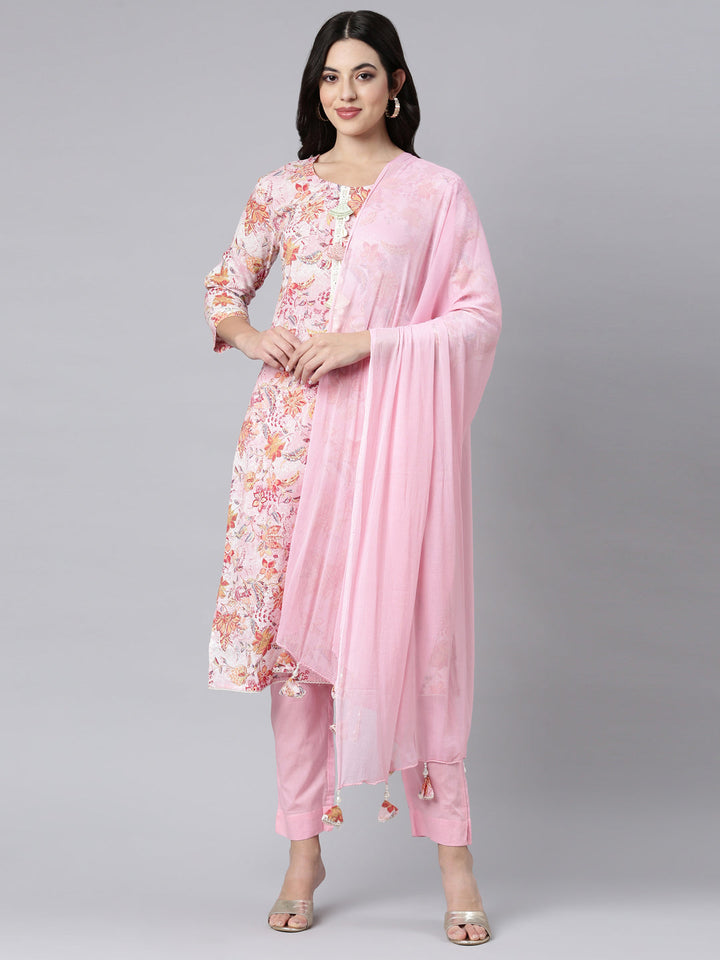 Neerus Pink printed floral straight suit set - front view