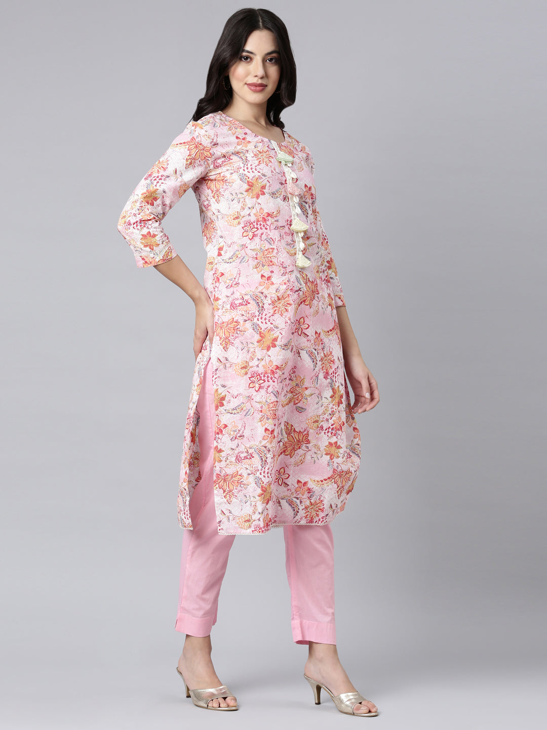 Neerus Pink printed floral straight suit set - back view