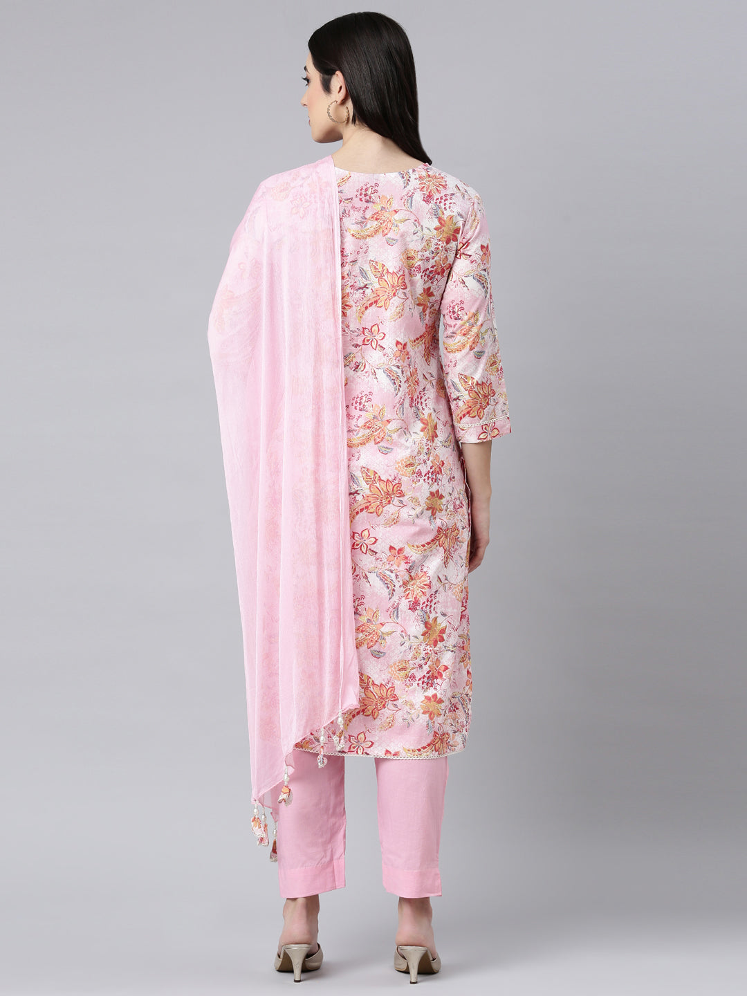 Neerus Pink printed floral straight suit set - side view