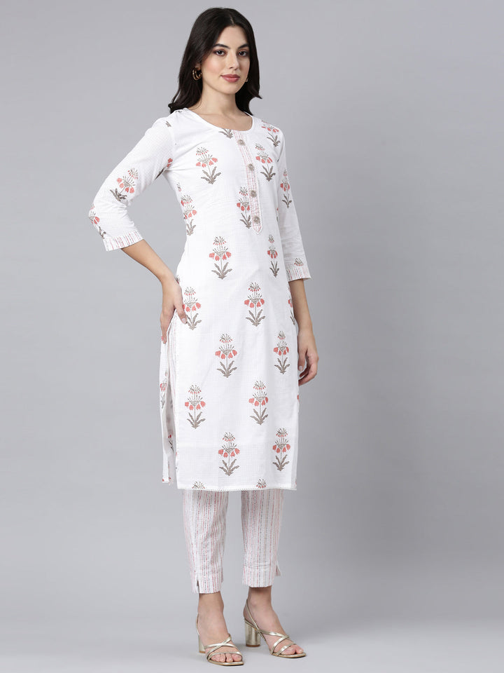 Neerus White Regular Straight Floral Kurta And Trousers With Dupatta