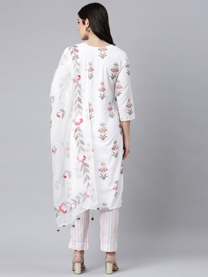 Neerus White Regular Straight Floral Kurta And Trousers With Dupatta