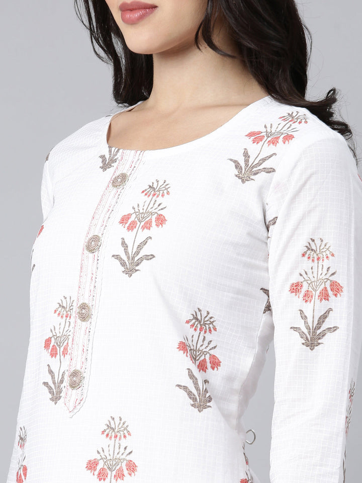 Neerus White Regular Straight Floral Kurta And Trousers With Dupatta