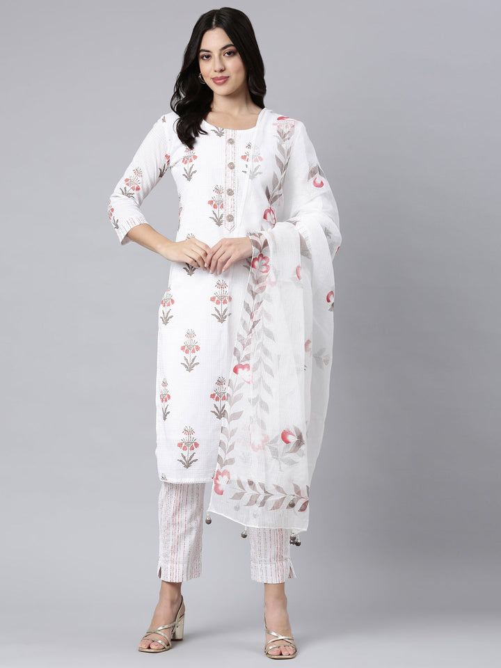 Neerus White Regular Straight Floral Kurta And Trousers With Dupatta
