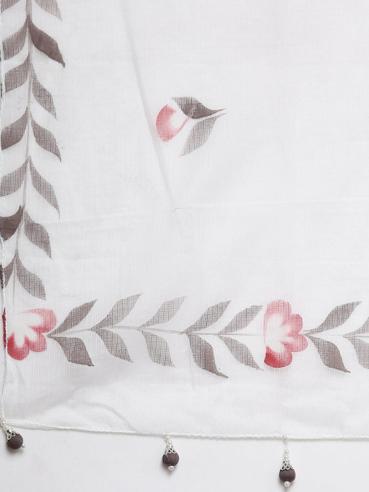 Neerus White Regular Straight Floral Kurta And Trousers With Dupatta