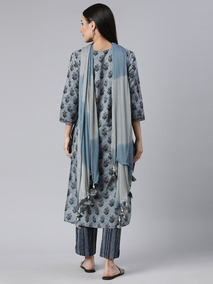 Neerus Blue cotton printed straight suit set - side view