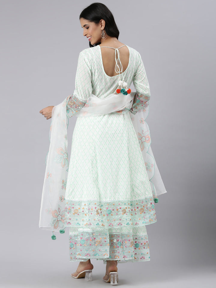 Neerus Green Panelled Curved Printed Kurta and Palazzos With Dupatta