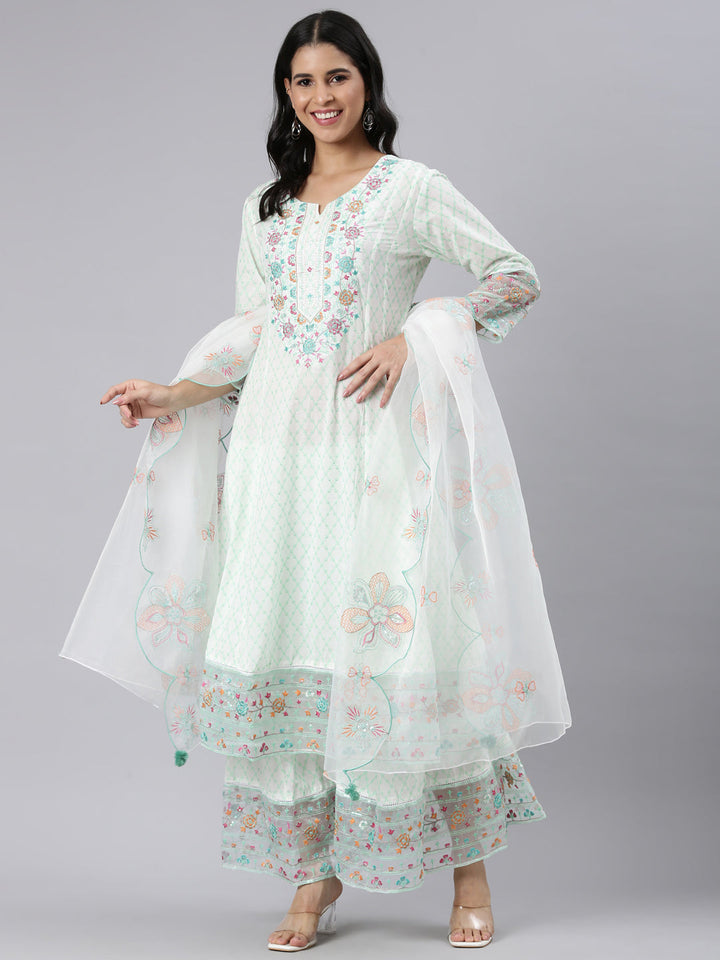 Neerus Green Panelled Curved Printed Kurta and Palazzos With Dupatta